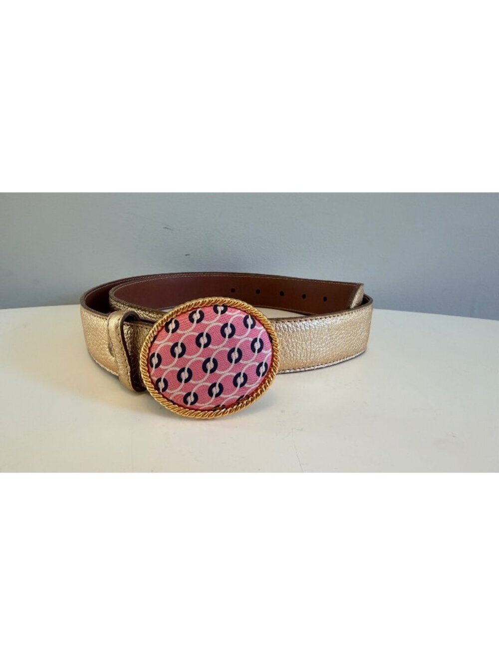 Vineyard Vines Gold Leather Belt With Pink & Navy Fabric Buckle Size L